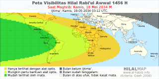 HilalMap: Peta Visibilitas Hilal Rabiul-Awwal 1456 H: rukyat tanggal 2034-5-18 M