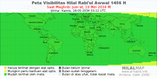 HilalMap: Peta Visibilitas Hilal Rabiul-Awwal 1456 H: rukyat tanggal 2034-5-19 M