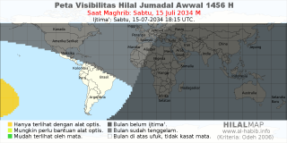 HilalMap: Peta Visibilitas Hilal Jumadal-Awwal 1456 H: rukyat tanggal 2034-7-15 M