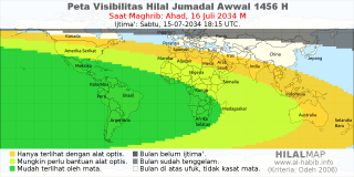 HilalMap: Peta Visibilitas Hilal Jumadal-Awwal 1456 H: rukyat tanggal 2034-7-16 M
