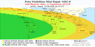 HilalMap: Peta Visibilitas Hilal Rajab 1456 H: rukyat tanggal 2034-9-13 M