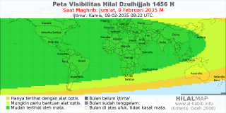HilalMap: Peta Visibilitas Hilal Dzulhijjah 1456 H: rukyat tanggal 2035-2-9 M