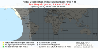 HilalMap: Peta Visibilitas Hilal Muharram 1457 H: rukyat tanggal 2035-3-9 M