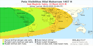 HilalMap: Peta Visibilitas Hilal Muharram 1457 H: rukyat tanggal 2035-3-10 M