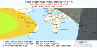 HilalMap: Peta Visibilitas Hilal Shafar 1457 H: rukyat tanggal 2035-4-8 M
