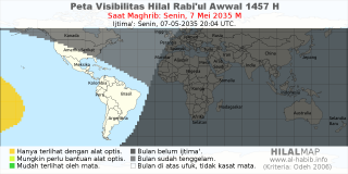 HilalMap: Peta Visibilitas Hilal Rabiul-Awwal 1457 H: rukyat tanggal 2035-5-7 M