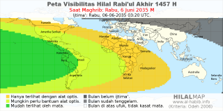HilalMap: Peta Visibilitas Hilal Rabiul-Akhir 1457 H: rukyat tanggal 2035-6-6 M