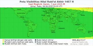 HilalMap: Peta Visibilitas Hilal Rabiul-Akhir 1457 H: rukyat tanggal 2035-6-7 M