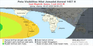 HilalMap: Peta Visibilitas Hilal Jumadal-Awwal 1457 H: rukyat tanggal 2035-7-5 M