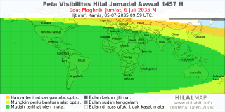 HilalMap: Peta Visibilitas Hilal Jumadal-Awwal 1457 H: rukyat tanggal 2035-7-6 M
