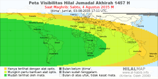 HilalMap: Peta Visibilitas Hilal Jumadal-Akhirah 1457 H: rukyat tanggal 2035-8-4 M
