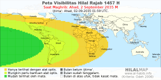 HilalMap: Peta Visibilitas Hilal Rajab 1457 H: rukyat tanggal 2035-9-2 M