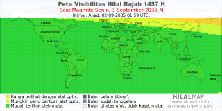 HilalMap: Peta Visibilitas Hilal Rajab 1457 H: rukyat tanggal 2035-9-3 M