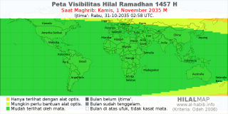 HilalMap: Peta Visibilitas Hilal Ramadhan 1457 H: rukyat tanggal 2035-11-1 M