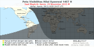 HilalMap: Peta Visibilitas Hilal Syawwal 1457 H: rukyat tanggal 2035-11-29 M