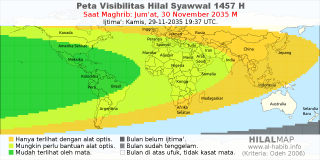 HilalMap: Peta Visibilitas Hilal Syawwal 1457 H: rukyat tanggal 2035-11-30 M
