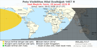 HilalMap: Peta Visibilitas Hilal Dzulhijjah 1457 H: rukyat tanggal 2036-1-28 M