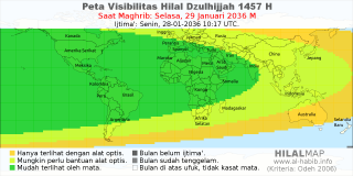 HilalMap: Peta Visibilitas Hilal Dzulhijjah 1457 H: rukyat tanggal 2036-1-29 M