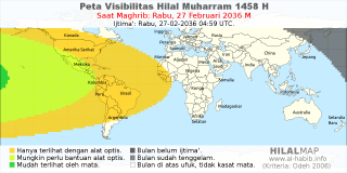 HilalMap: Peta Visibilitas Hilal Muharram 1458 H: rukyat tanggal 2036-2-27 M