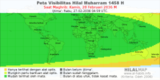 HilalMap: Peta Visibilitas Hilal Muharram 1458 H: rukyat tanggal 2036-2-28 M