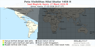 HilalMap: Peta Visibilitas Hilal Shafar 1458 H: rukyat tanggal 2036-3-27 M