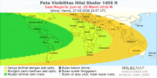 HilalMap: Peta Visibilitas Hilal Shafar 1458 H: rukyat tanggal 2036-3-28 M