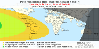 HilalMap: Peta Visibilitas Hilal Rabiul-Awwal 1458 H: rukyat tanggal 2036-4-26 M
