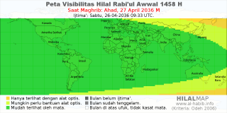 HilalMap: Peta Visibilitas Hilal Rabiul-Awwal 1458 H: rukyat tanggal 2036-4-27 M