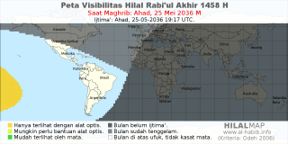 HilalMap: Peta Visibilitas Hilal Rabiul-Akhir 1458 H: rukyat tanggal 2036-5-25 M