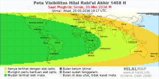 HilalMap: Peta Visibilitas Hilal Rabiul-Akhir 1458 H: rukyat tanggal 2036-5-26 M