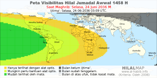 HilalMap: Peta Visibilitas Hilal Jumadal-Awwal 1458 H: rukyat tanggal 2036-6-24 M