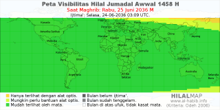 HilalMap: Peta Visibilitas Hilal Jumadal-Awwal 1458 H: rukyat tanggal 2036-6-25 M