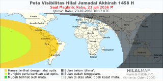 HilalMap: Peta Visibilitas Hilal Jumadal-Akhirah 1458 H: rukyat tanggal 2036-7-23 M