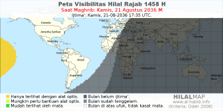 HilalMap: Peta Visibilitas Hilal Rajab 1458 H: rukyat tanggal 2036-8-21 M