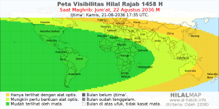 HilalMap: Peta Visibilitas Hilal Rajab 1458 H: rukyat tanggal 2036-8-22 M