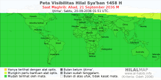 HilalMap: Peta Visibilitas Hilal Syaban 1458 H: rukyat tanggal 2036-9-21 M