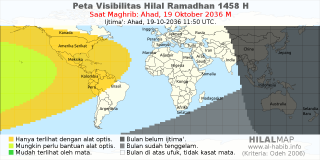 HilalMap: Peta Visibilitas Hilal Ramadhan 1458 H: rukyat tanggal 2036-10-19 M