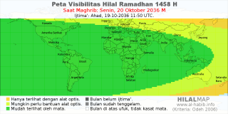 HilalMap: Peta Visibilitas Hilal Ramadhan 1458 H: rukyat tanggal 2036-10-20 M