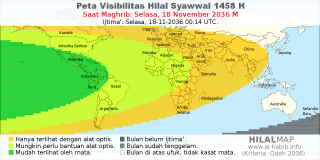 HilalMap: Peta Visibilitas Hilal Syawwal 1458 H: rukyat tanggal 2036-11-18 M