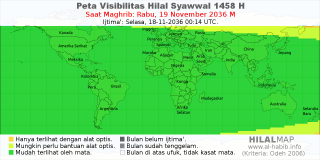 HilalMap: Peta Visibilitas Hilal Syawwal 1458 H: rukyat tanggal 2036-11-19 M