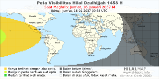 HilalMap: Peta Visibilitas Hilal Dzulhijjah 1458 H: rukyat tanggal 2037-1-16 M