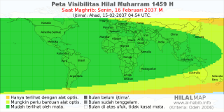 HilalMap: Peta Visibilitas Hilal Muharram 1459 H: rukyat tanggal 2037-2-16 M