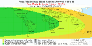 HilalMap: Peta Visibilitas Hilal Rabiul-Awwal 1459 H: rukyat tanggal 2037-4-16 M