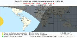 HilalMap: Peta Visibilitas Hilal Jumadal-Awwal 1459 H: rukyat tanggal 2037-6-13 M