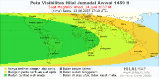 HilalMap: Peta Visibilitas Hilal Jumadal-Awwal 1459 H: rukyat tanggal 2037-6-14 M