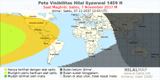 HilalMap: Peta Visibilitas Hilal Syawwal 1459 H: rukyat tanggal 2037-11-7 M