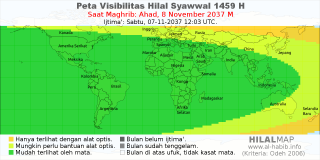 HilalMap: Peta Visibilitas Hilal Syawwal 1459 H: rukyat tanggal 2037-11-8 M