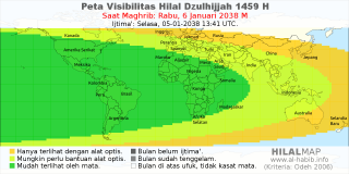 HilalMap: Peta Visibilitas Hilal Dzulhijjah 1459 H: rukyat tanggal 2038-1-6 M