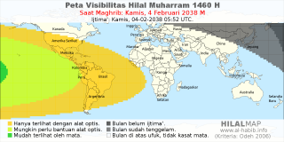HilalMap: Peta Visibilitas Hilal Muharram 1460 H: rukyat tanggal 2038-2-4 M