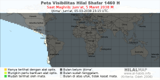 HilalMap: Peta Visibilitas Hilal Shafar 1460 H: rukyat tanggal 2038-3-5 M